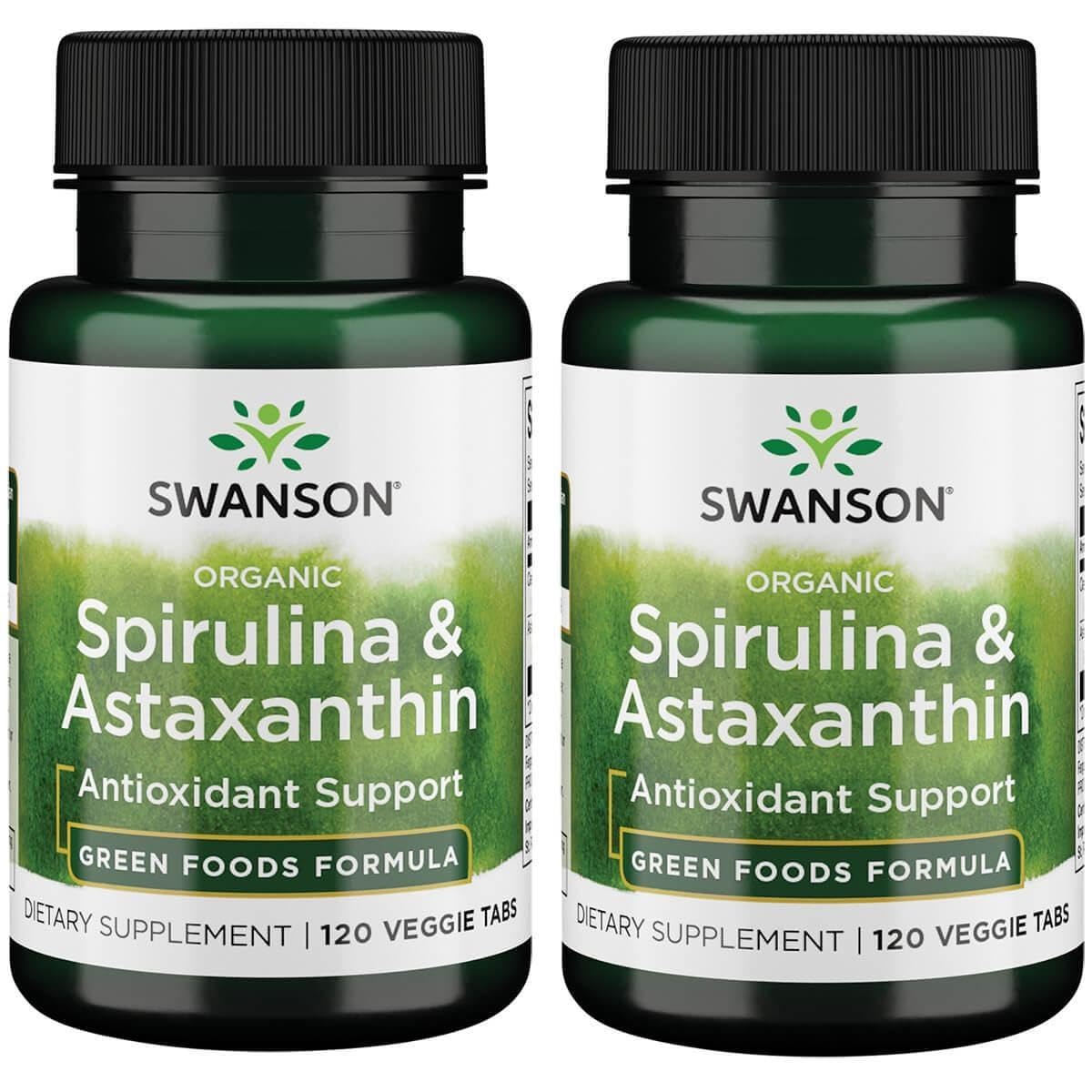 Swanson Spirulina & Astaxanthin Veg Tabs bottle shows nutrients for daily wellness
