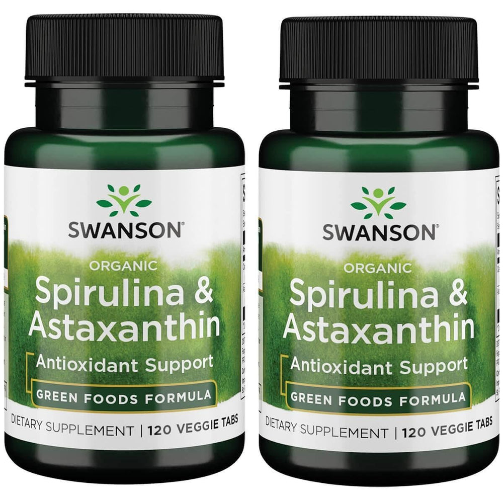 Swanson Spirulina & Astaxanthin Veg Tabs bottle shows nutrients for daily wellness