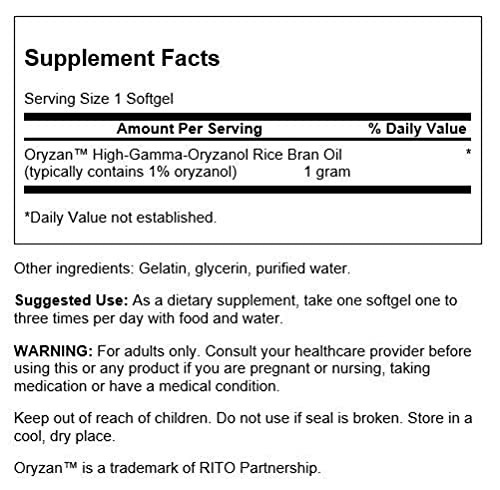 Swanson Oryzan Rice Bran Oil label highlights natural, non-GMO ingredients.