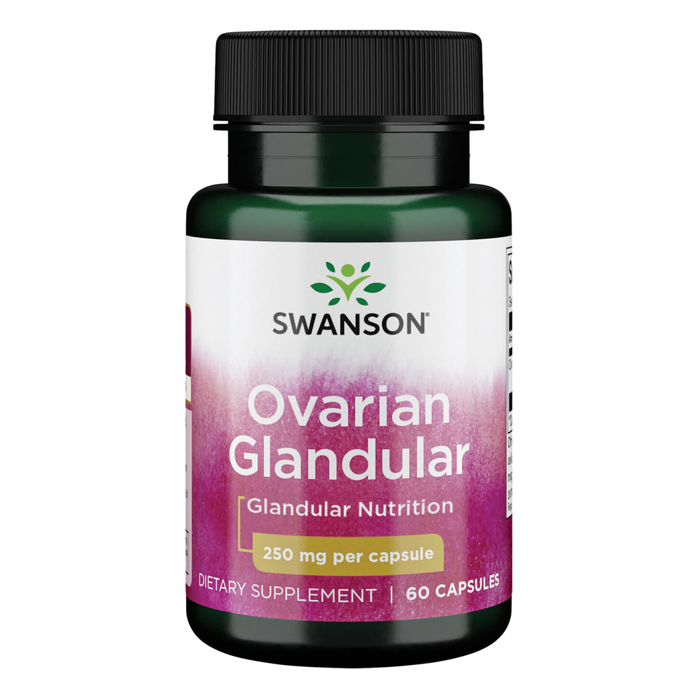 Swanson Ovarian Glandular bottle and capsules for daily wellness.