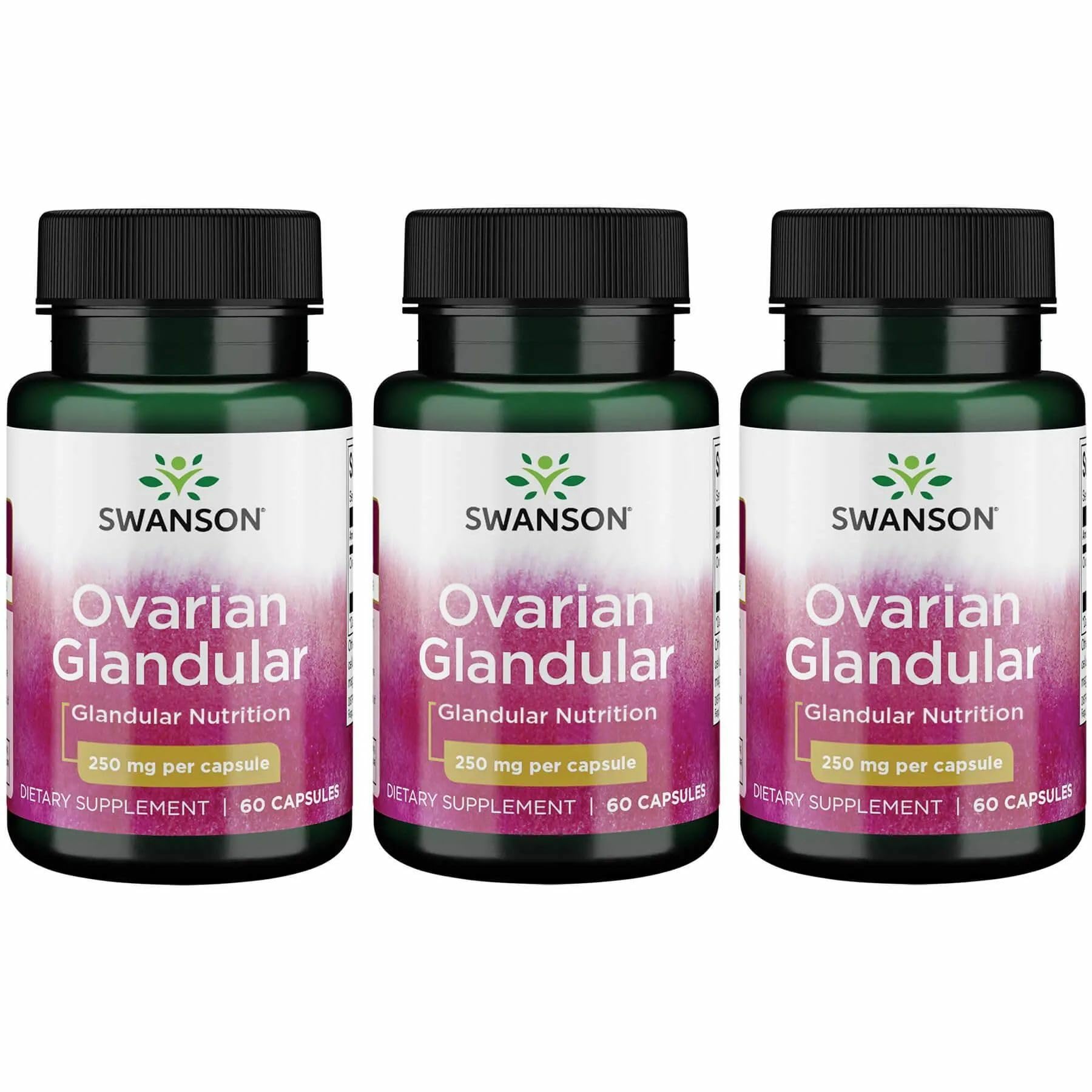 Swanson Ovarian Glandular bottle front label conveys quality and balance support.