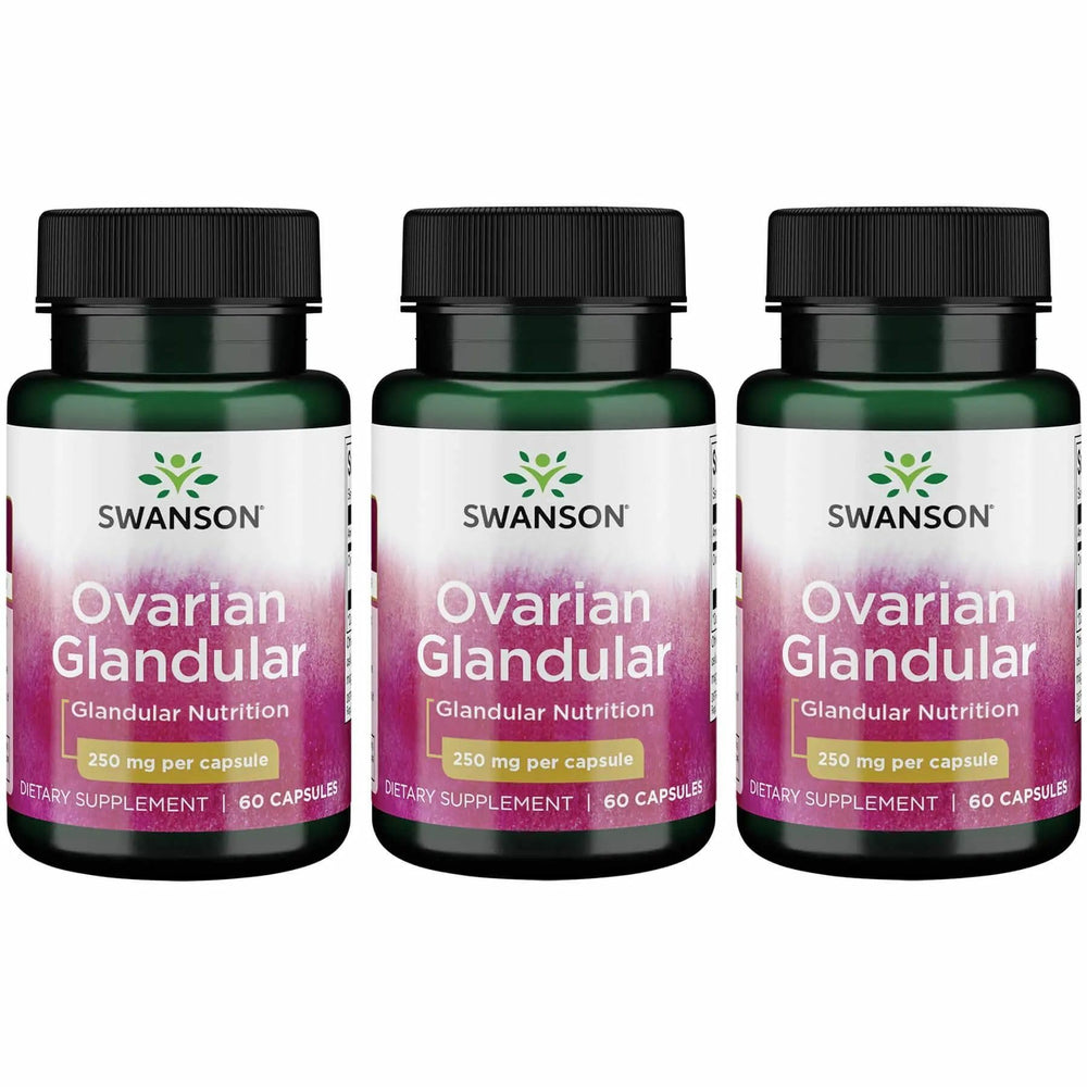 Swanson Ovarian Glandular bottle front label conveys quality and balance support.