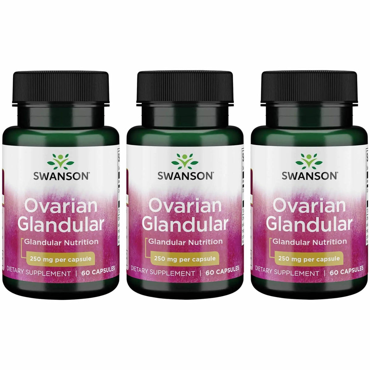 Swanson Ovarian Glandular bottle front label conveys quality and balance support.