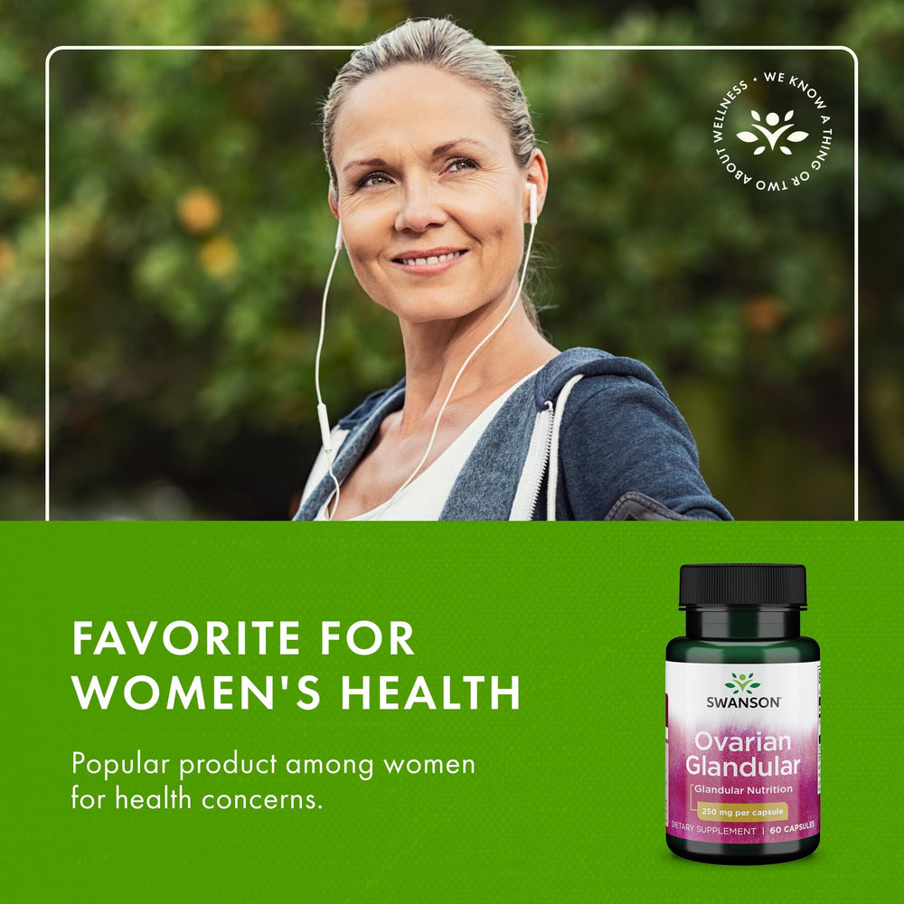 Swanson Ovarian Glandular capsules being poured for simple daily intake.