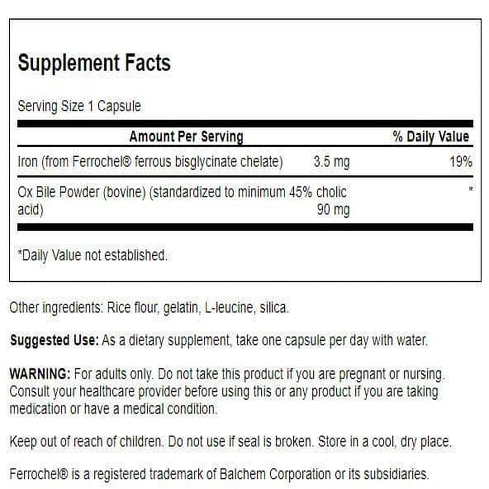 Swanson Ox Bile bottle label closeup with standardized content