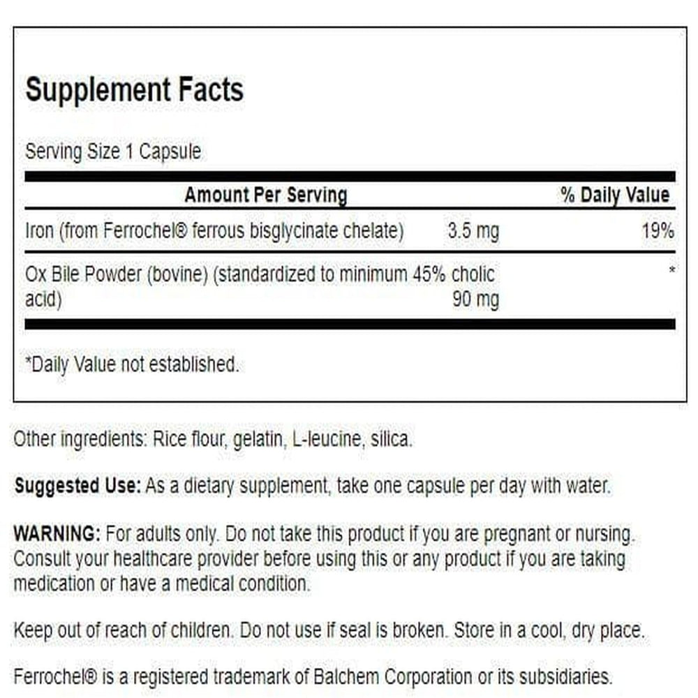 Swanson Ox Bile bottle label closeup with standardized content
