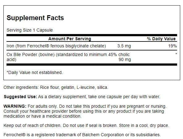 Swanson Ox Bile label close-up shows standardized potency and contents.