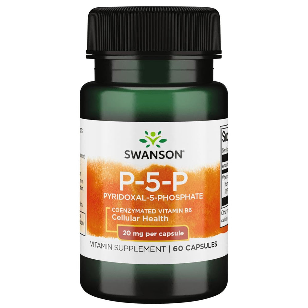 Swanson P-5-P bottle front view, an easy-to-take vitamin B-6 supplement.