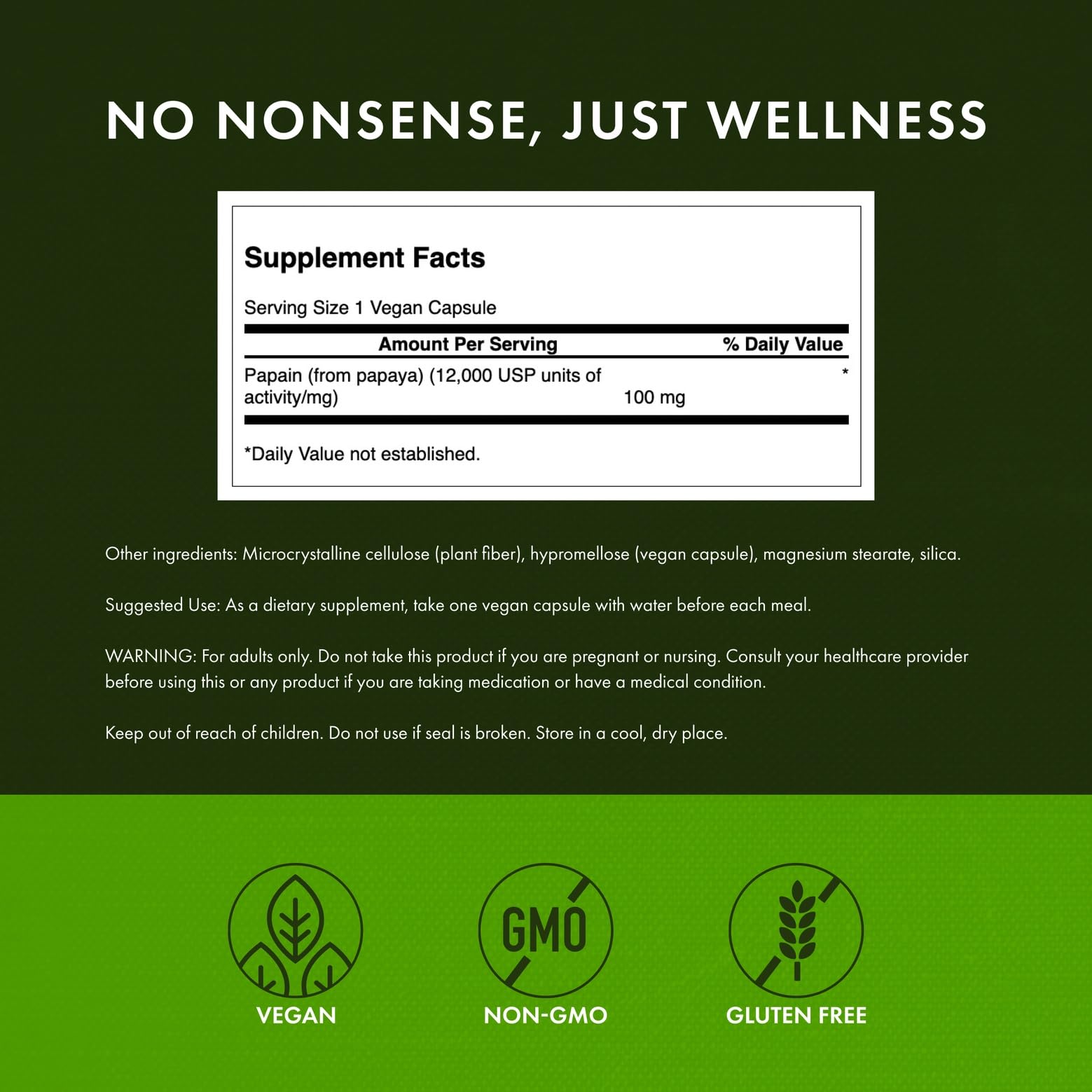 Swanson Papain Papaya Enzyme capsules-closeup emphasizes mild, odor-free use