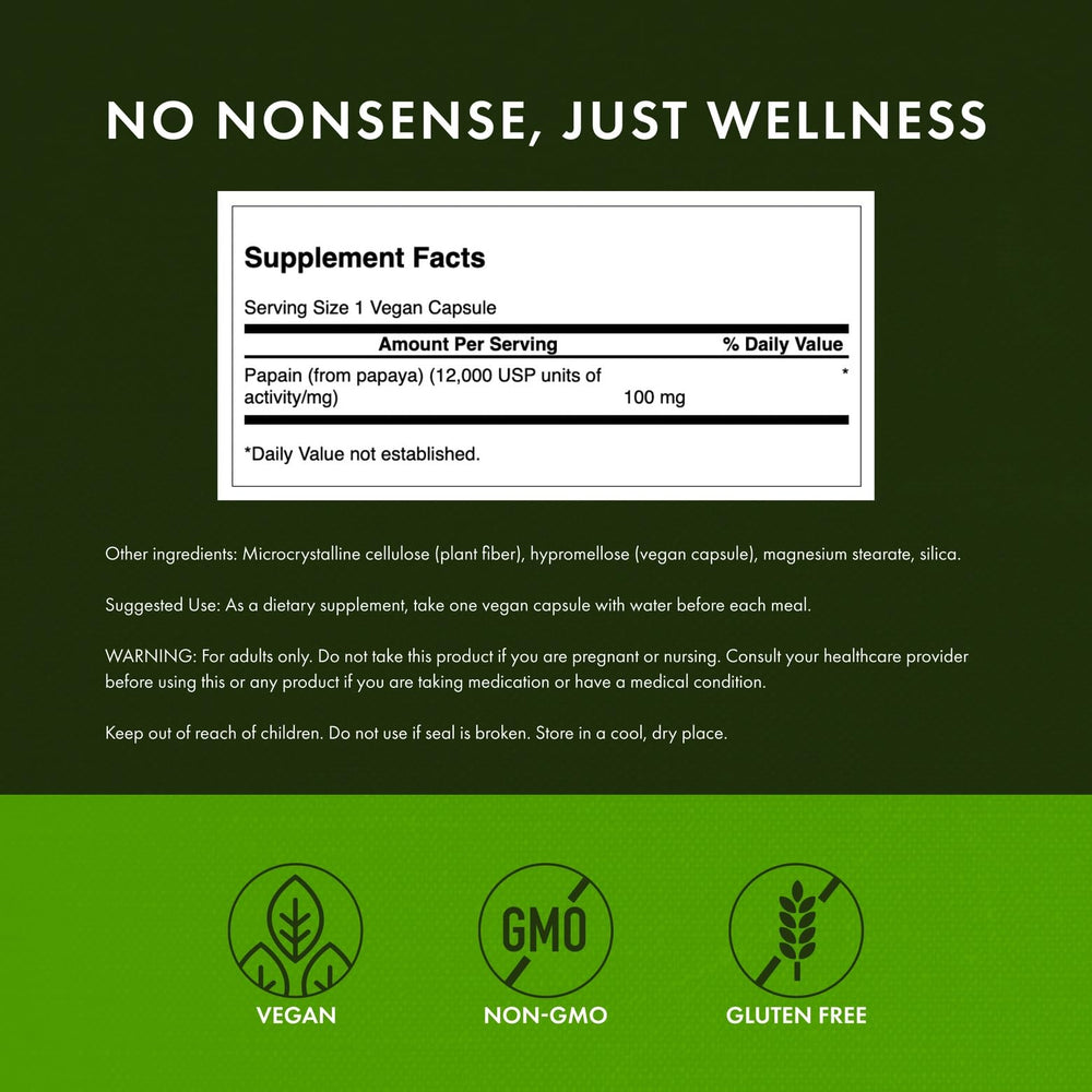 Swanson Papain Papaya Enzyme capsules-closeup emphasizes mild, odor-free use
