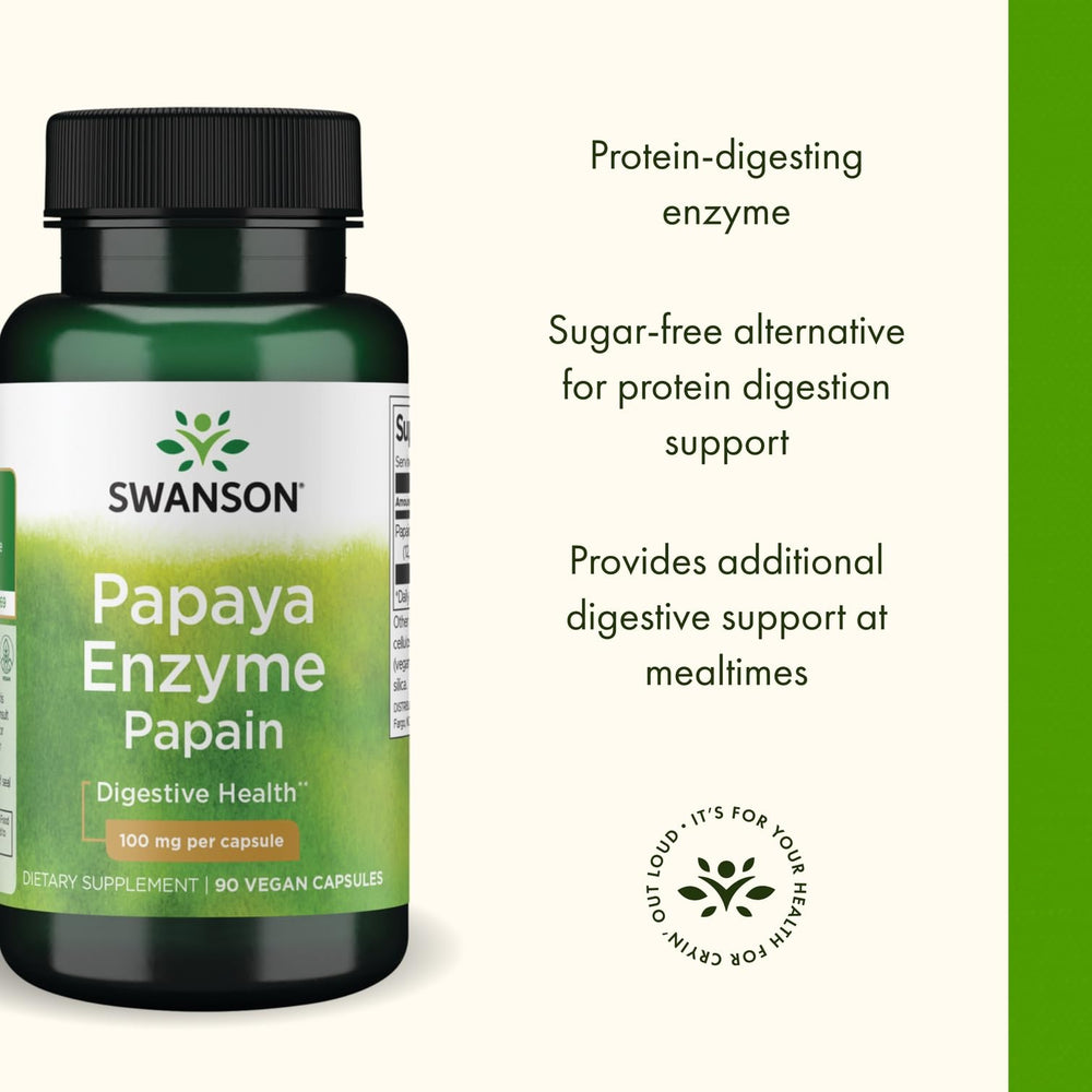 Swanson Papain Papaya Enzyme label-detail reveals 100 mg per capsule