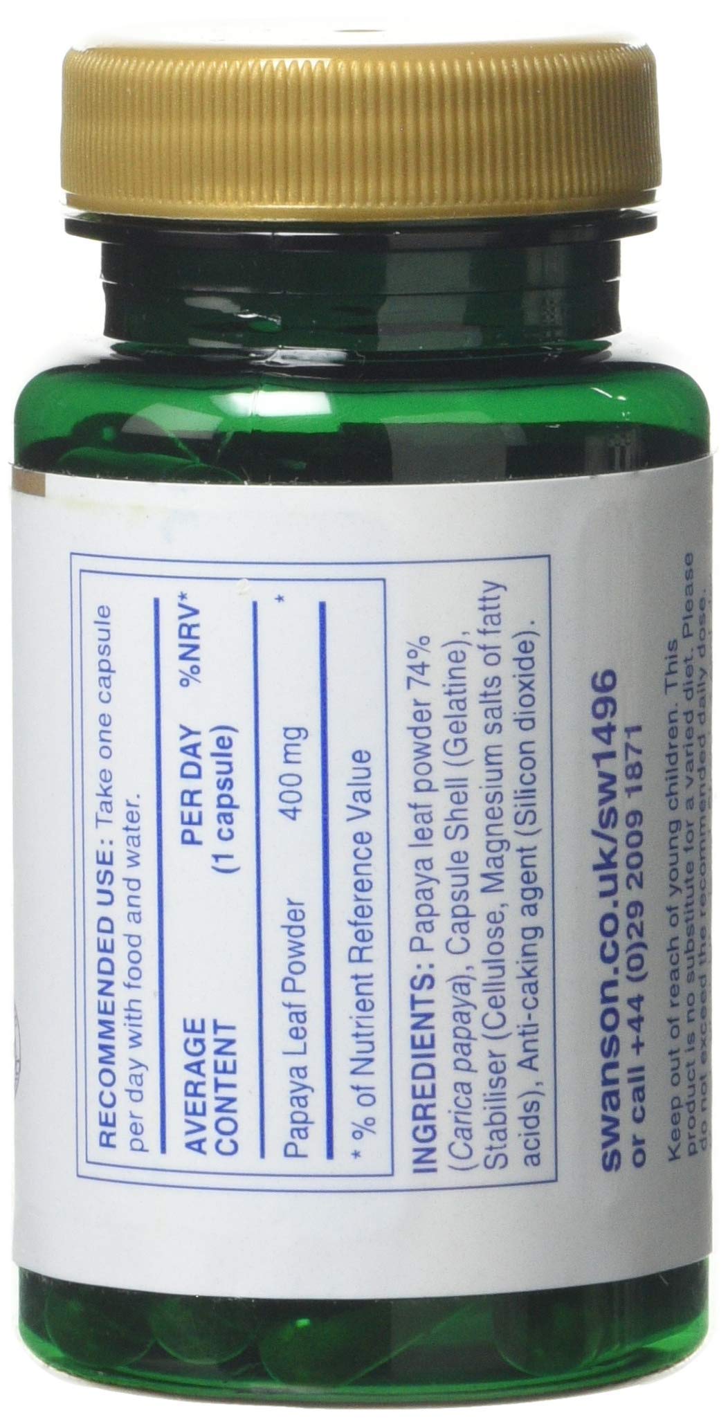 Close-up of Swanson Papaya Leaf capsule for easy daily wellness use.