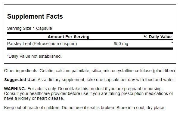 Swanson Parsley 650 mg label showing quality testing and purity.