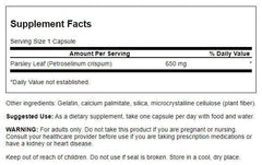 Swanson Parsley 650 mg label showing quality testing and purity.