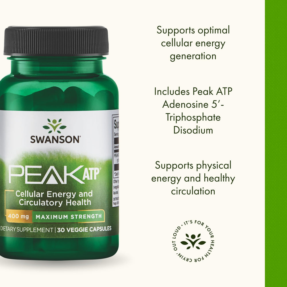 Swanson Peak ATP box front draws attention to energy and circulation benefits.
