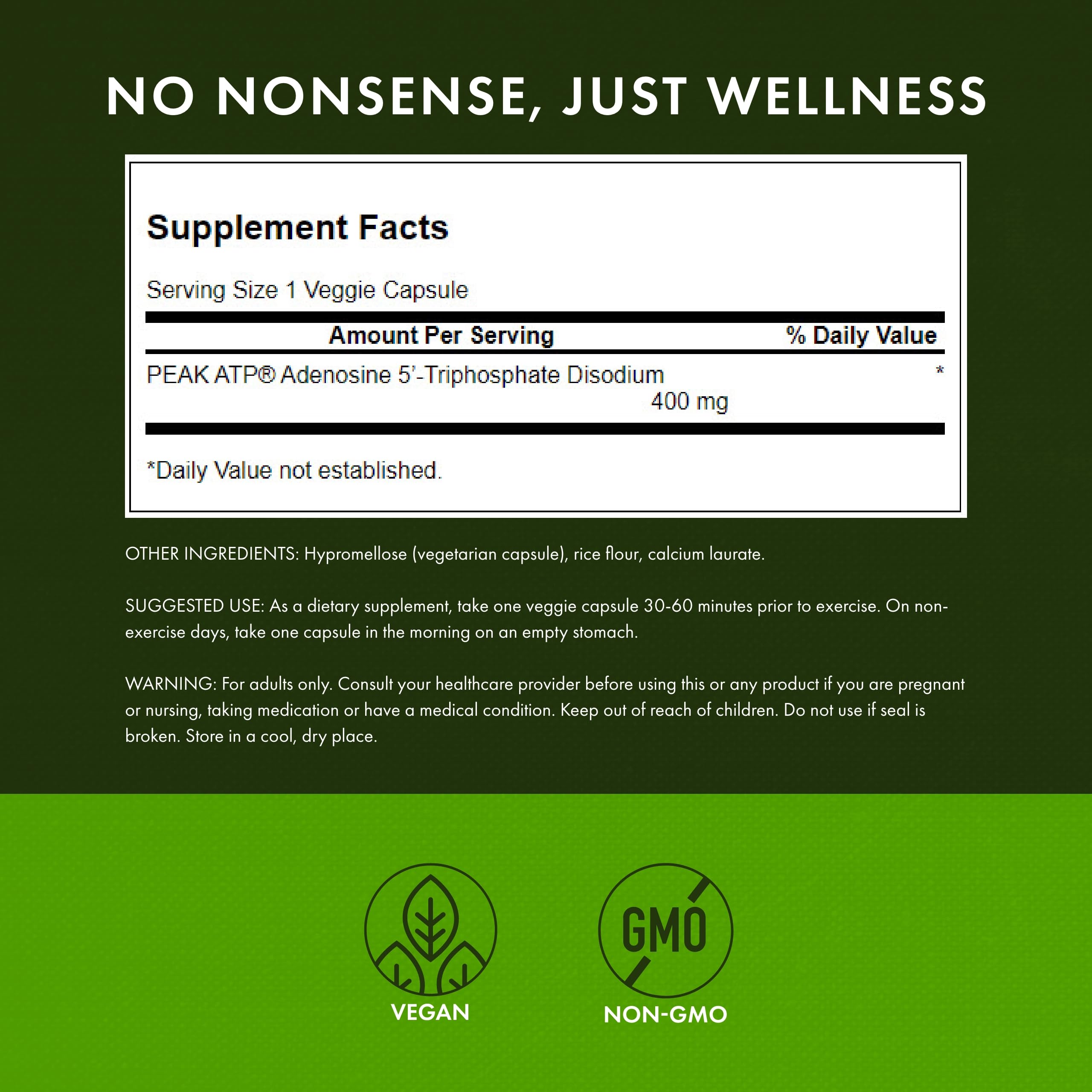 Swanson Peak ATP capsules closeup highlights 400 mg ATP per serving.