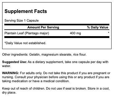 Swanson Plantago Major capsules image highlights 400 mg per serving for everyday use