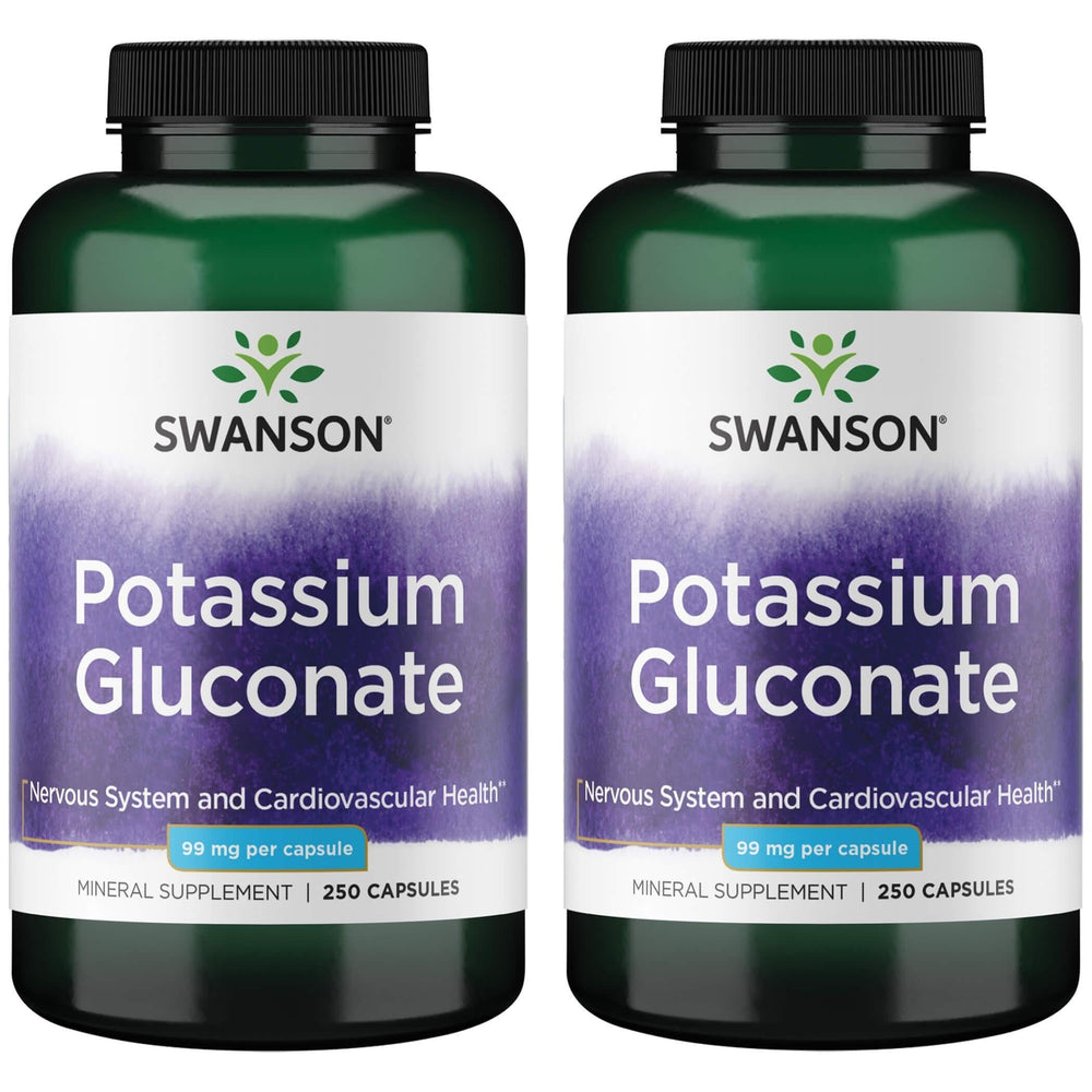 Swanson Potassium Gluconate bottle with 250 capsules supports energy production and heart health.
