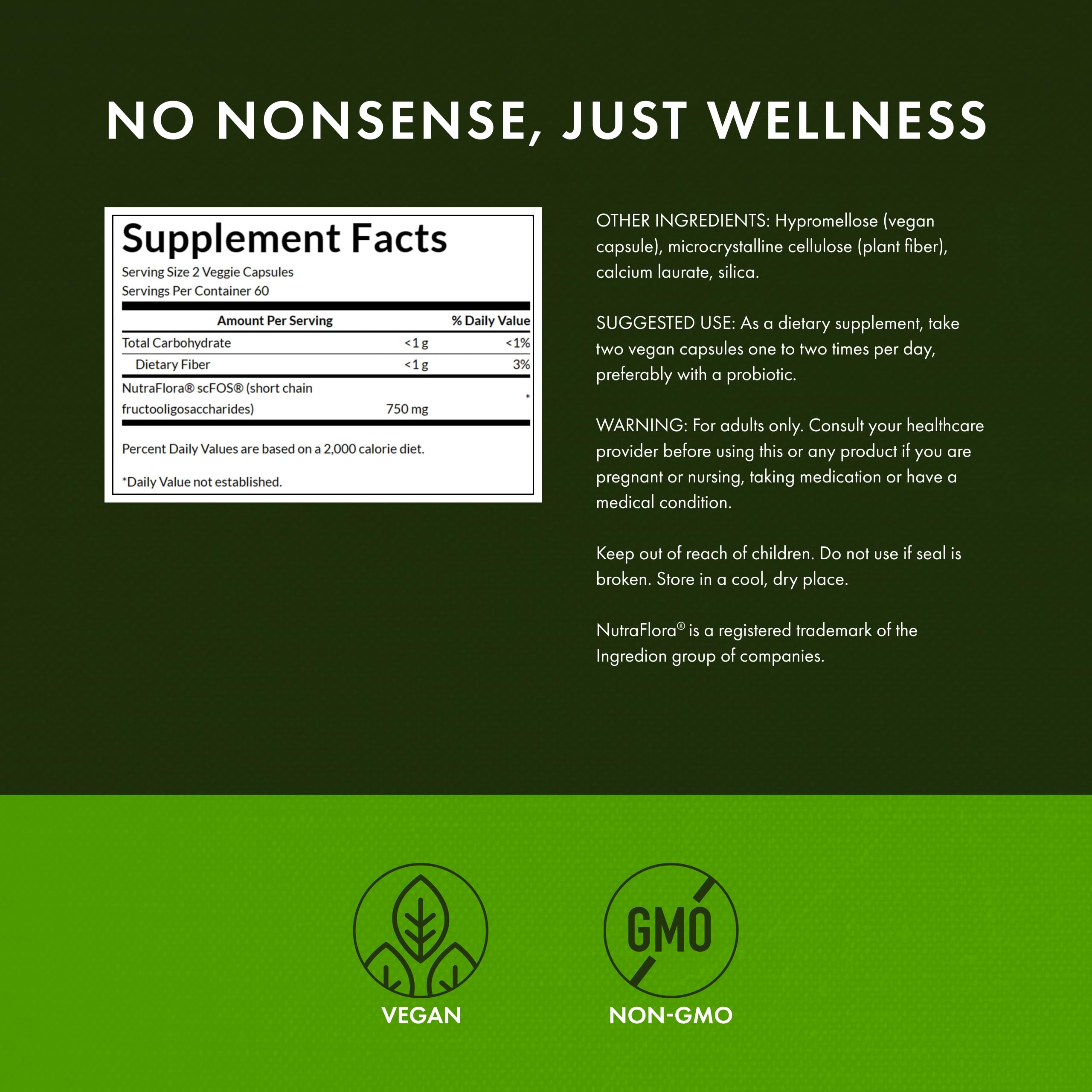 Swanson Prebiotic NutraFlora fiber content visual, supports gut microflora