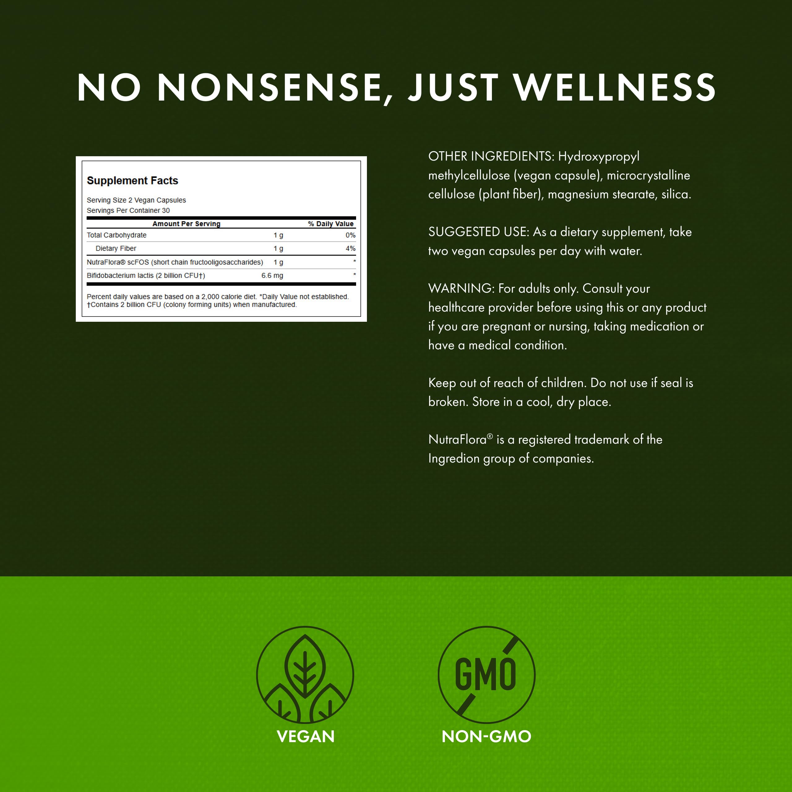 Swanson Prebiotic + Probiotic Fiber lab testing seal indicating third-party purity checks
