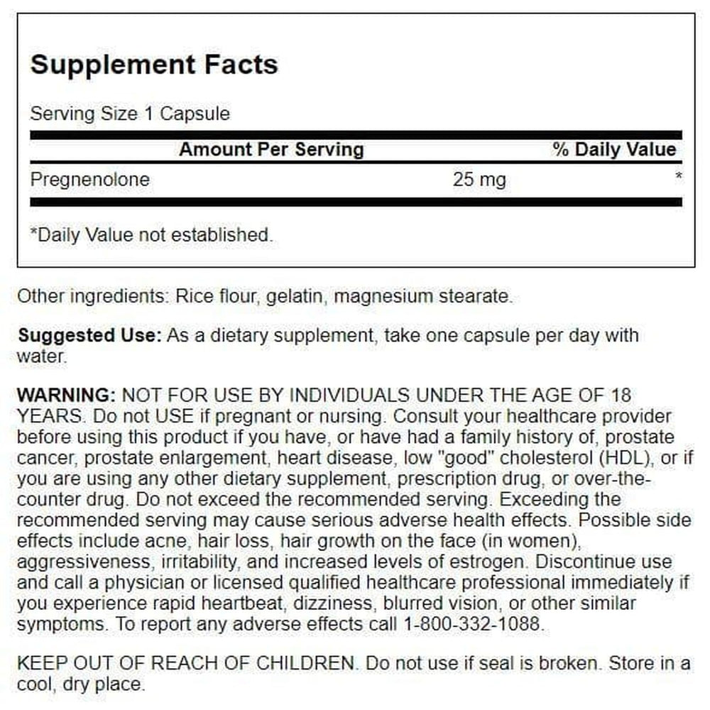 Swanson Pregnenolone 25 mg capsules closeup highlighting potency