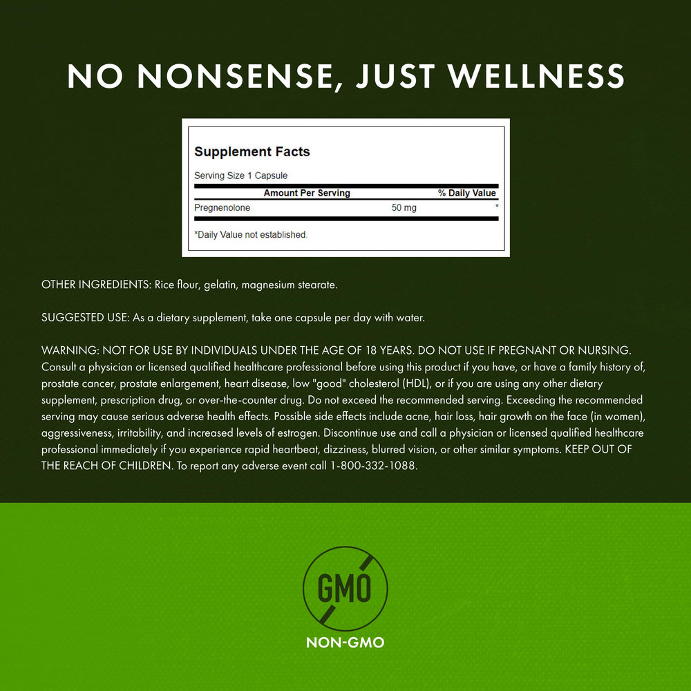 Swanson Pregnenolone 50 mg label closeup highlights capsules count and potency.