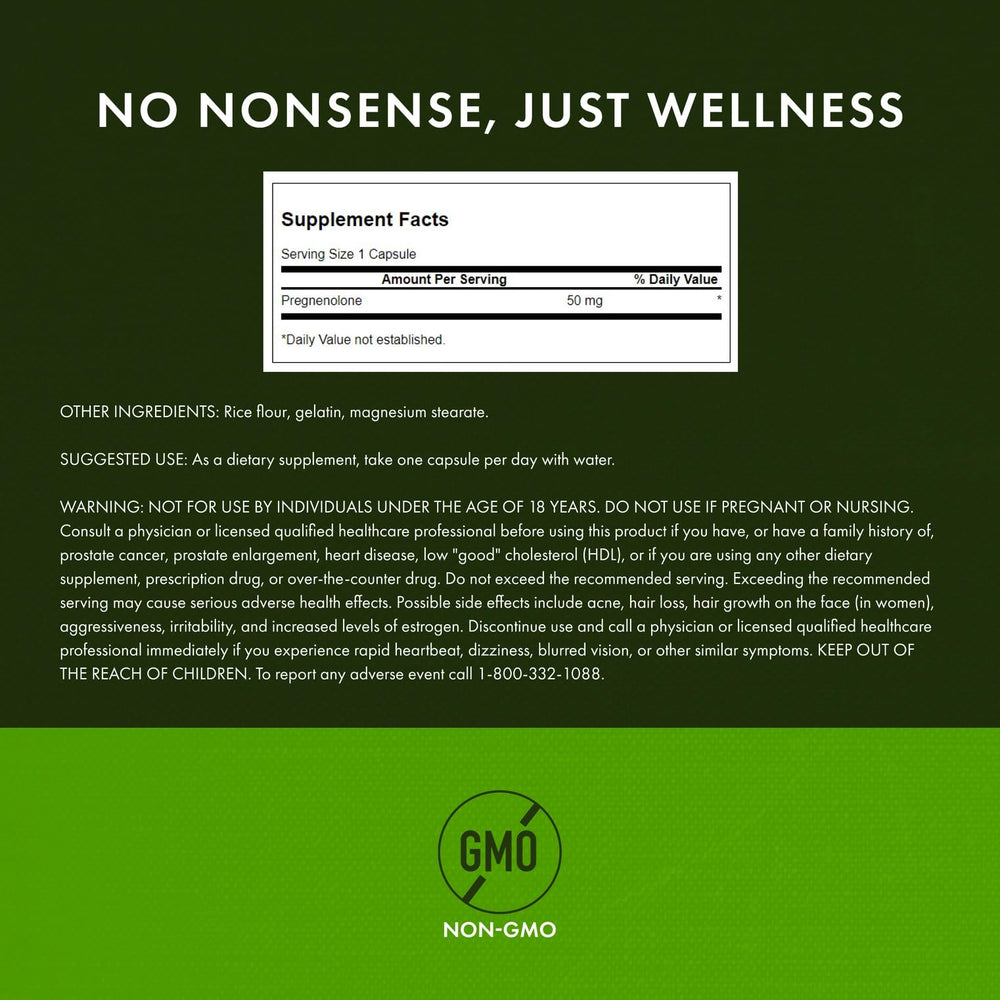 Swanson Pregnenolone capsules 50 mg close-up highlight the dose.