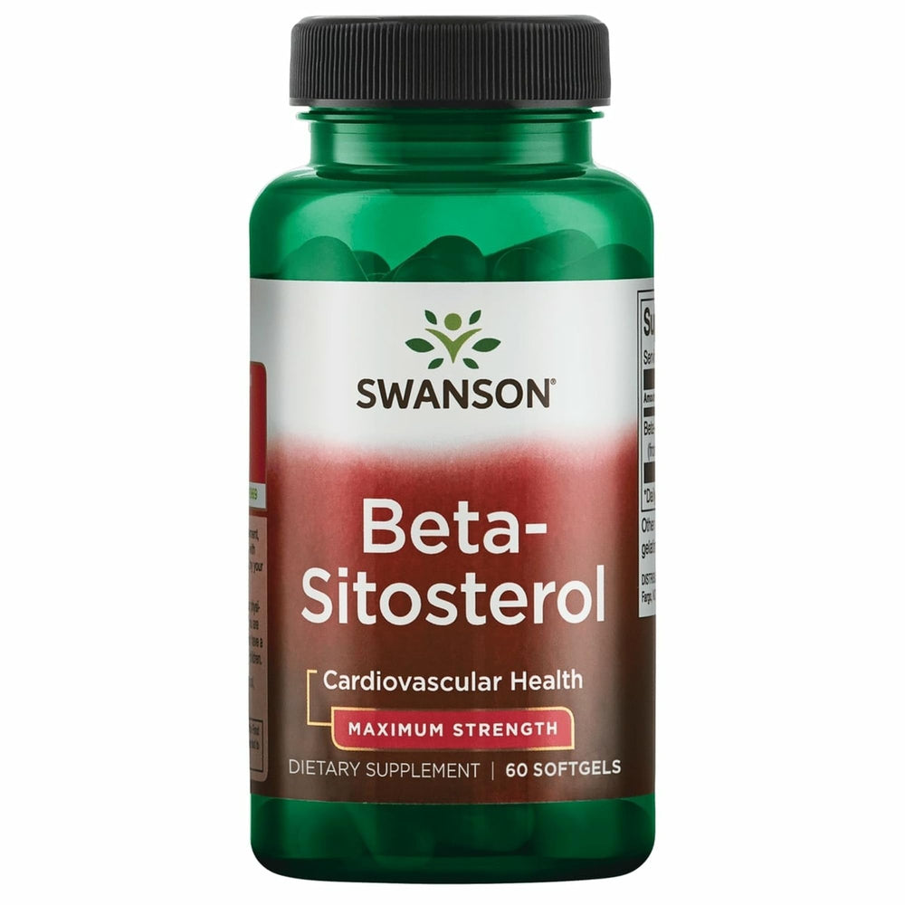Swanson Premium Beta Sitosterol softgels label close-up, plant-based wellness.