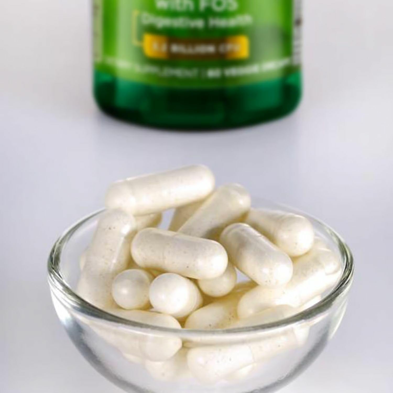 Swanson probiotic bottle close-up highlighting the label and strains