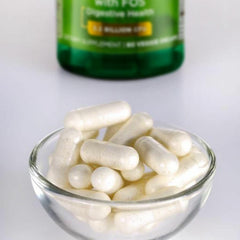 Swanson probiotic bottle close-up highlighting the label and strains