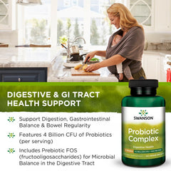 Swanson Probiotic Complex bottle with FOS prebiotic feeding beneficial bacteria.