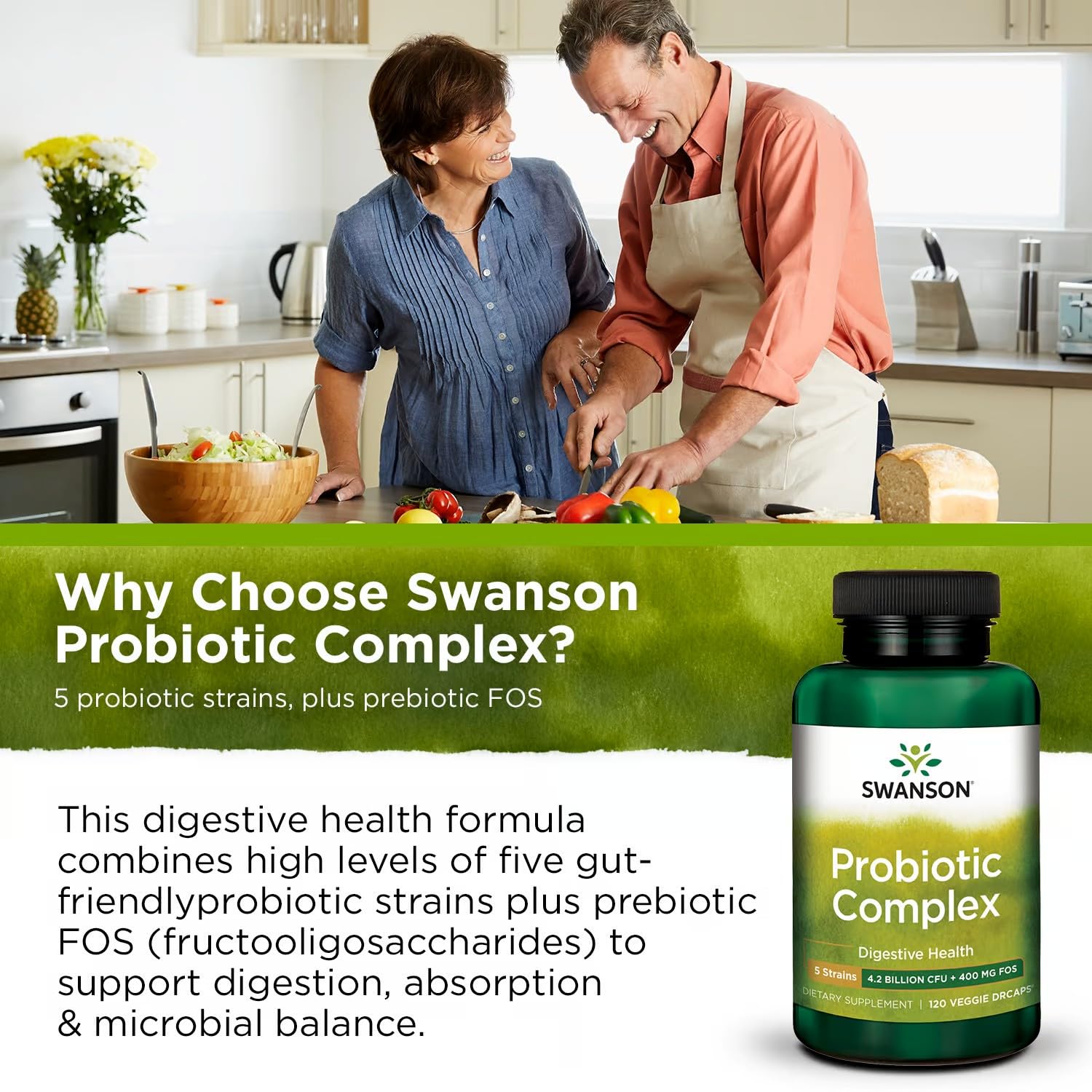 Swanson Probiotic Complex packaging denotes GMP-certified quality and heritage.