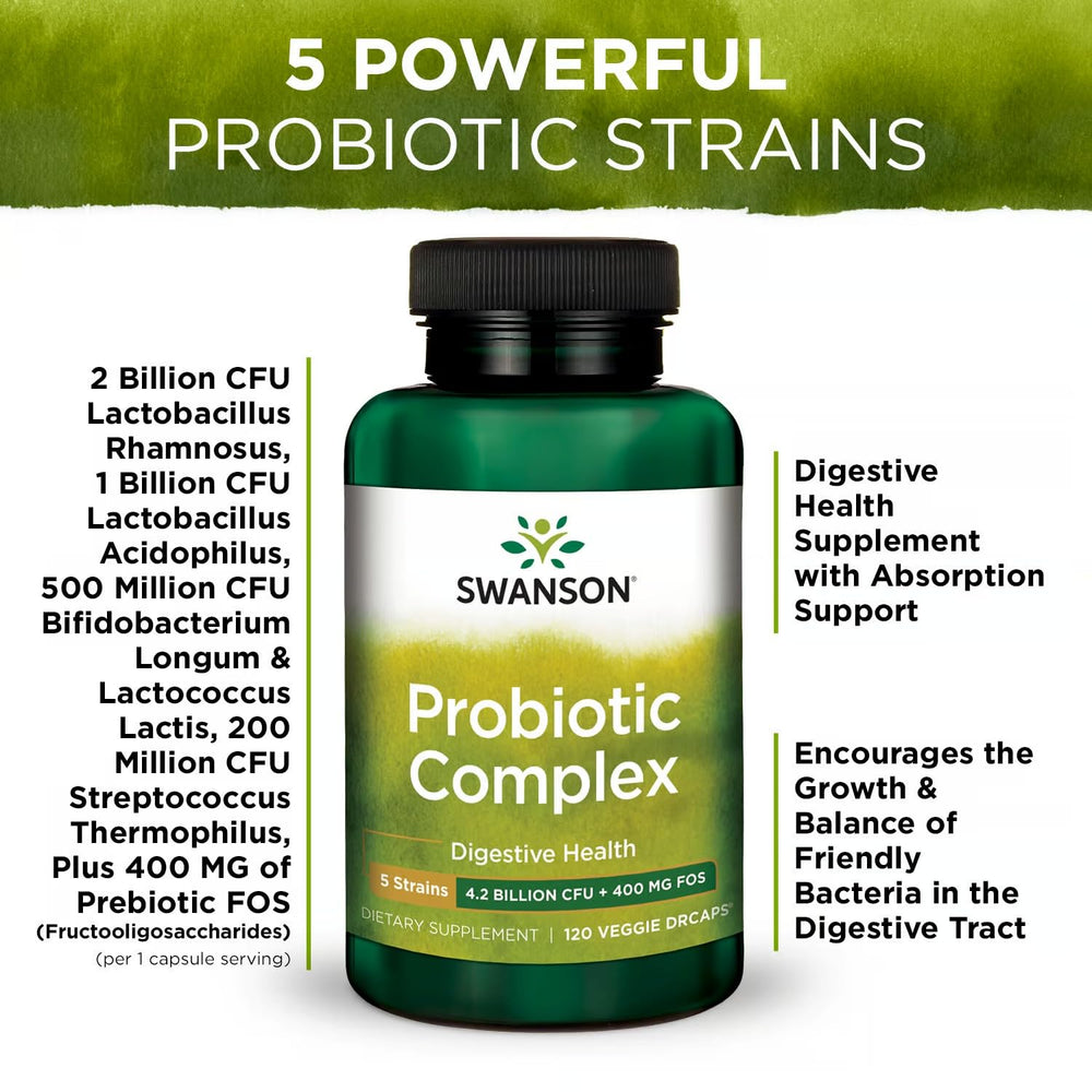Swanson Probiotic Complex label close-up showing formulation and quality marks.