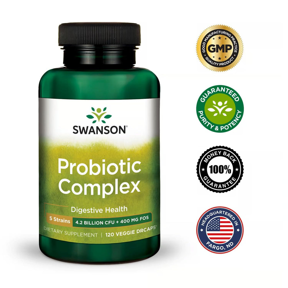 Swanson Probiotic Complex bottle with measuring spoon for daily wellness routine.