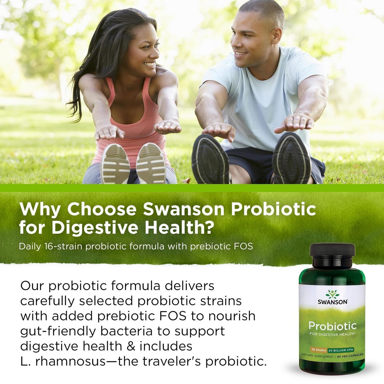 Ingredient list showing NutraFlora FOS prebiotic to feed good bacteria.