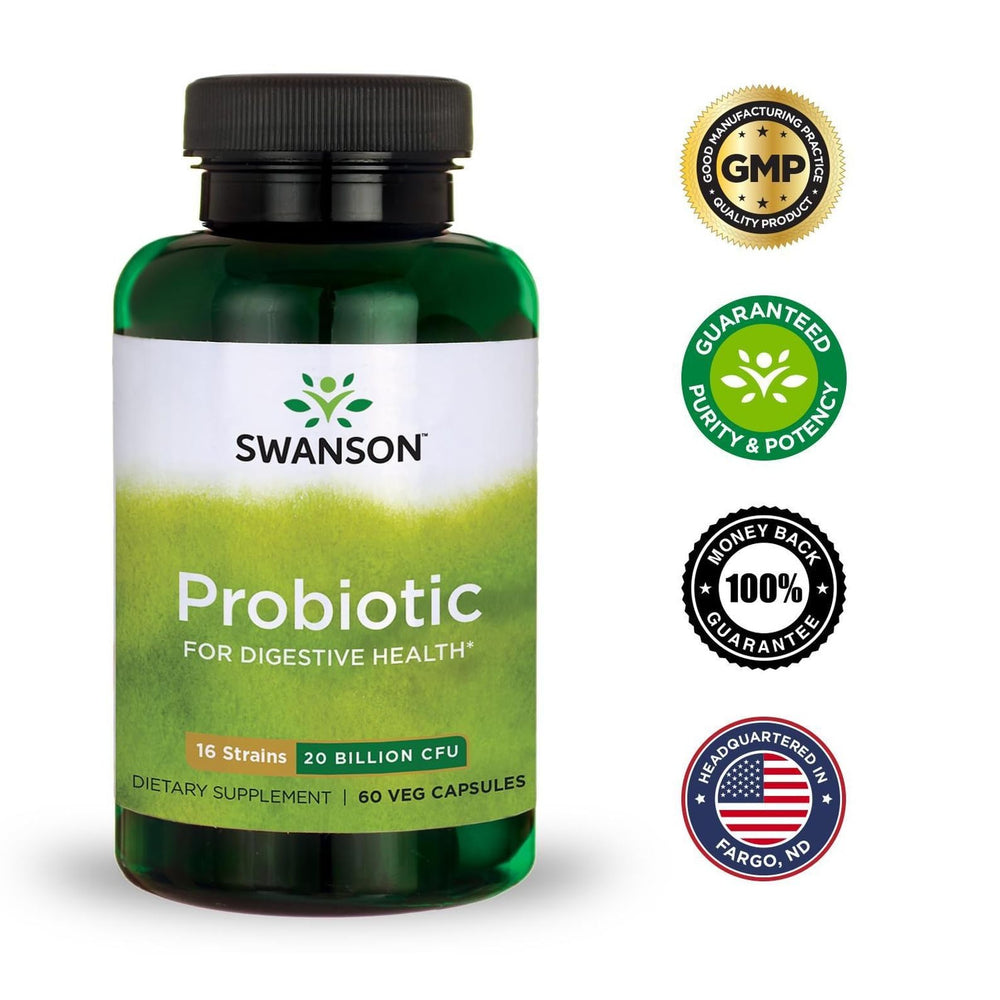 Swanson Probiotic label highlights NutraFlora FOS prebiotic for gut bacteria health.