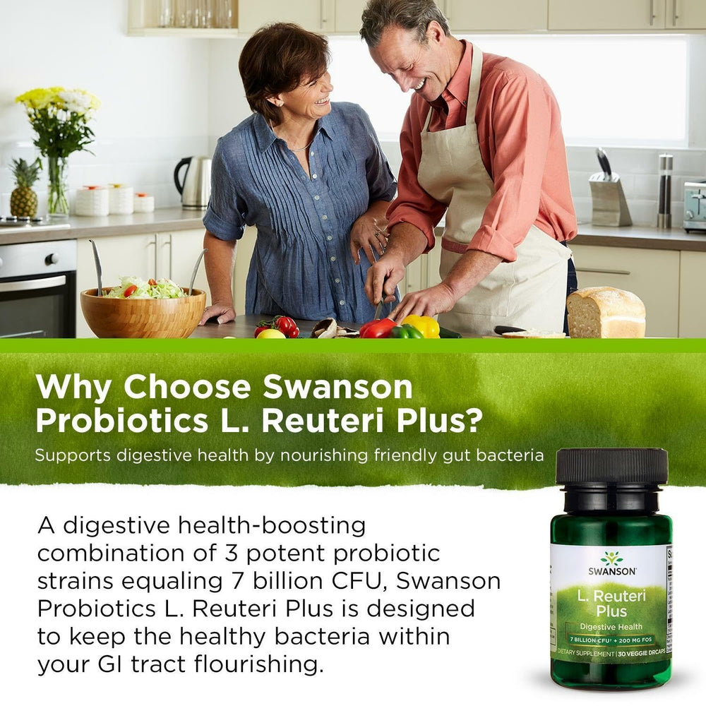 Swanson Probiotic Plus bottle on kitchen counter for routine use.