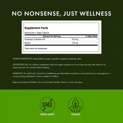 Swanson Propionyl L-Carnitine with Glycine label shows formula details for absorption