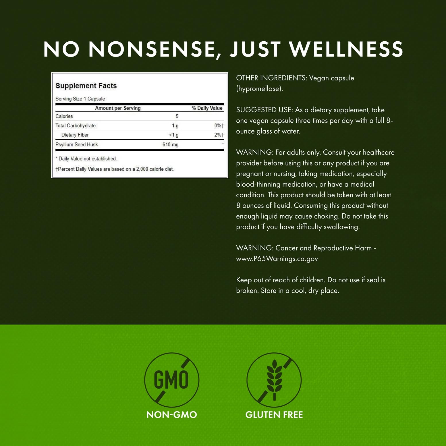 Back view of Swanson psyllium husk package label with details.