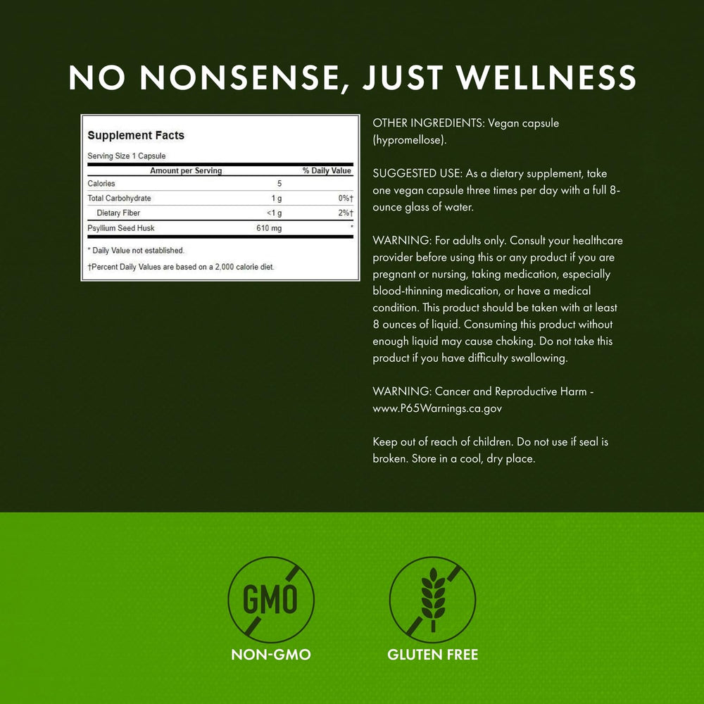 Back view of Swanson psyllium husk package label with details.