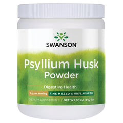 Swanson Psyllium Husk Powder 12 oz container on a kitchen counter for daily fiber.