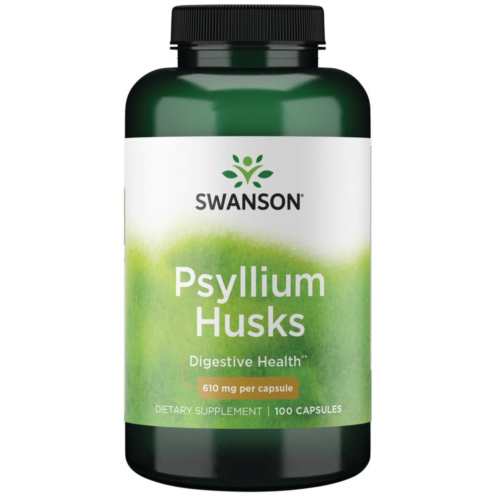 Swanson Psyllium Husks capsules bottle; supports digestive health with soluble fiber