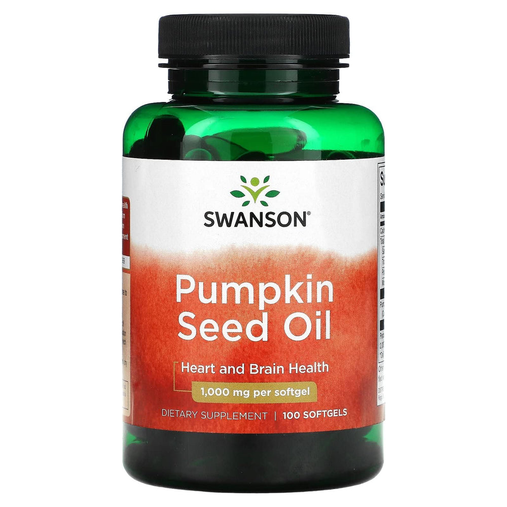 Swanson pumpkin seed oil softgels bottle view; supports heart and brain health.
