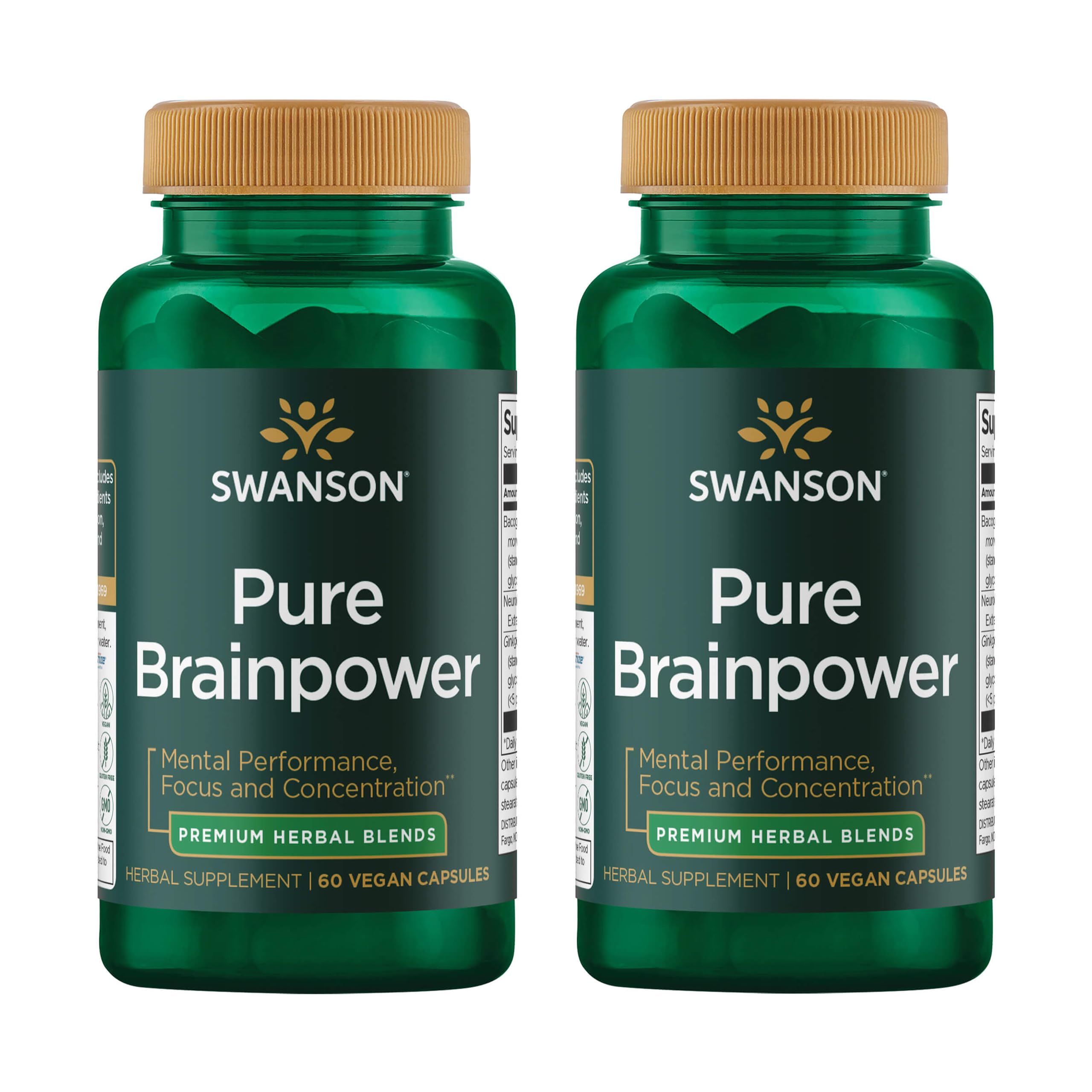 Swanson Pure Brainpower bottle front with two-pack packaging for daily brain support