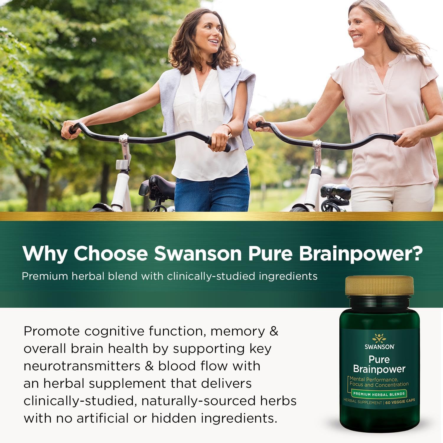 Swanson Pure Brainpower bottle on a workspace with notebook