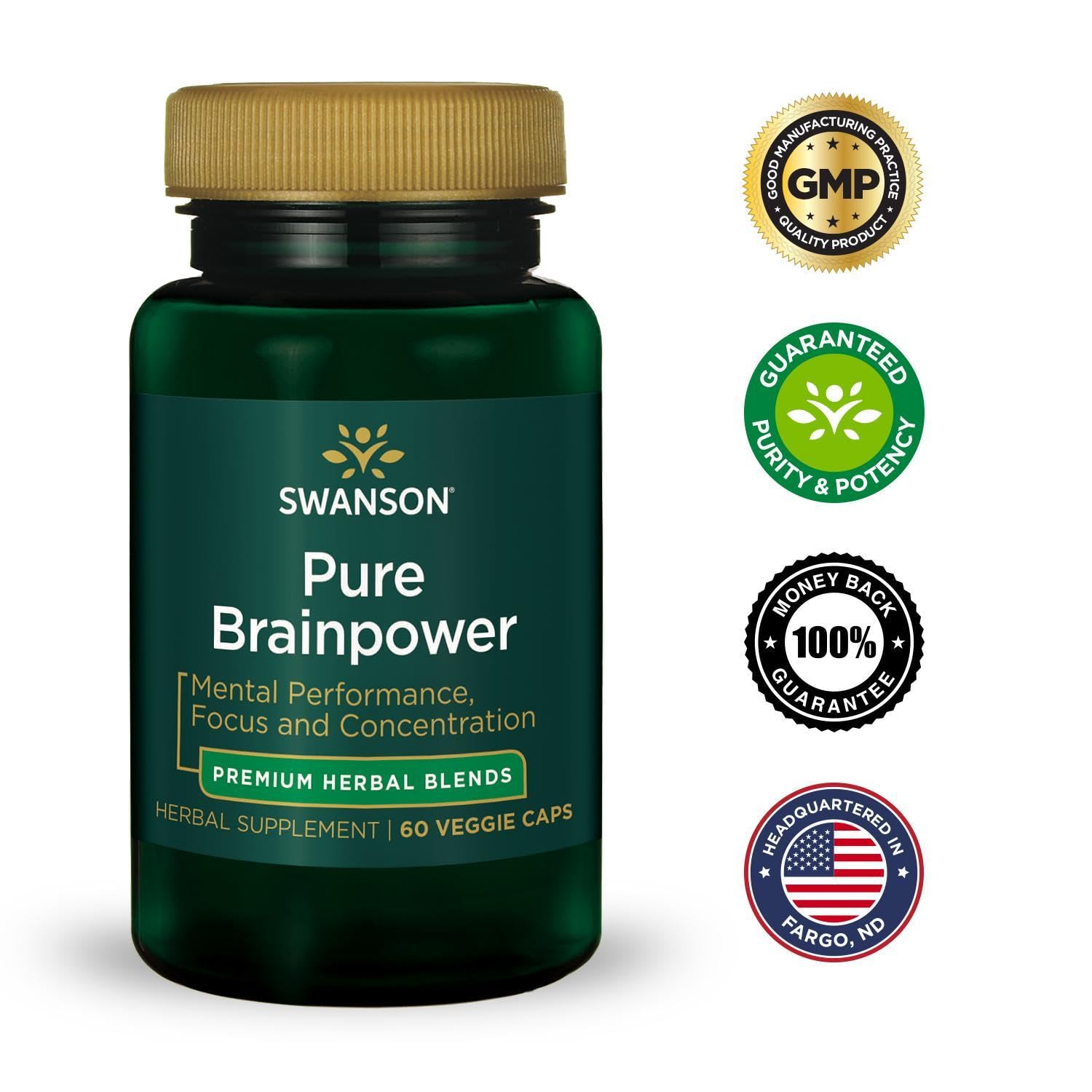 Swanson Pure Brainpower bottle on a shelf emphasizing plant-based support