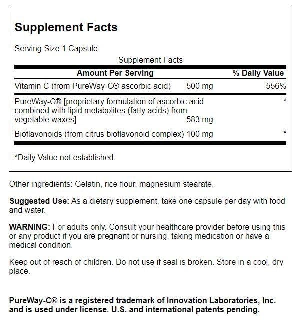 Swanson PureWay-Vitamin C capsules closeup, highlighting bioflavonoids for antioxidant help.