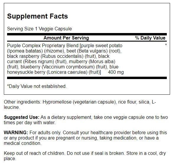 Swanson Purple Antioxidants bottle front indicating vegetarian capsules and detox support