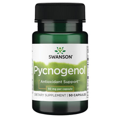 Swanson Pycnogenol bottle displaying 50 mg capsules; supports overall vitality and daily wellness.