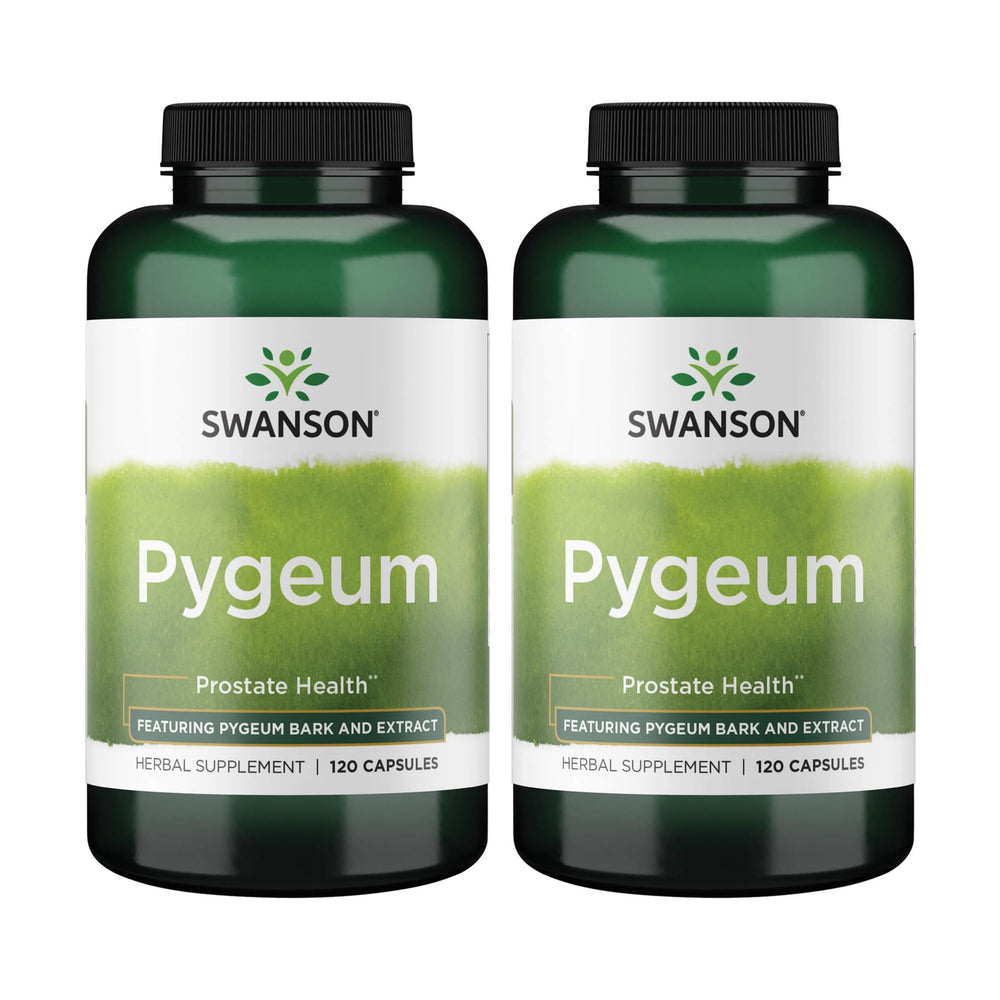 Swanson Pygeum bottle front showing capsule count and urinary health benefits.